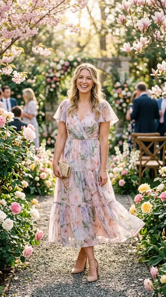 Wear a Romantic Floral Midi Dress for Spring Weddings