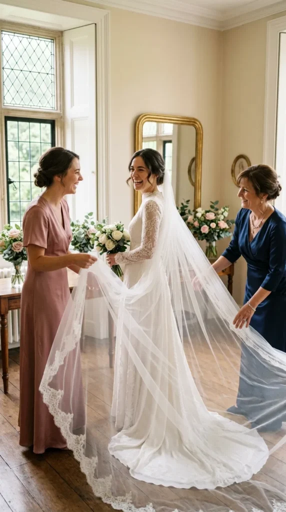 Candid Family Wedding Photos Featuring the Bridal Veil