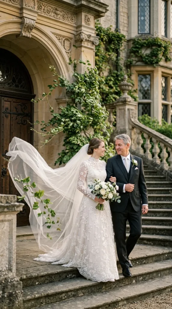 Elegant Bride and Father Wedding Photos With a Flowing Veil