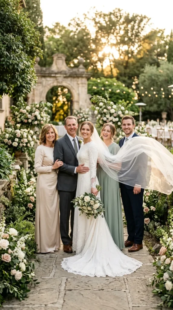Outdoor Family Wedding Photos With a Windblown Veil