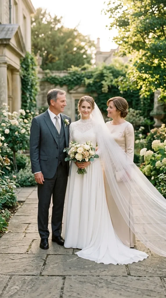 Romantic Bride and Parents Wedding Photos With a Veil